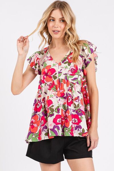 Magaly® | Gebloemde blouse met ruches, kapmouwen en V-hals