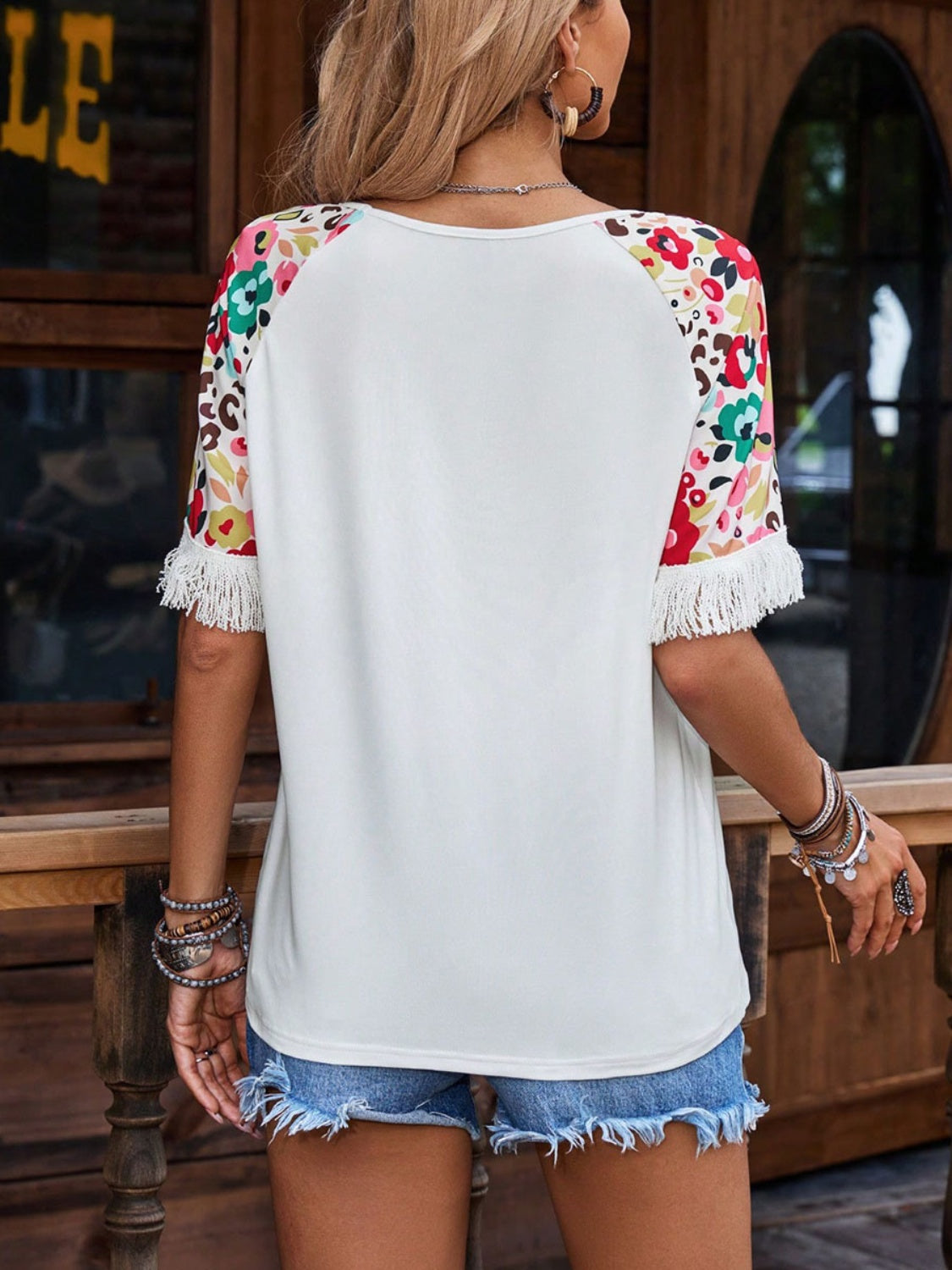 Dayana® | T-shirt met halve mouwen, ronde hals en franjes