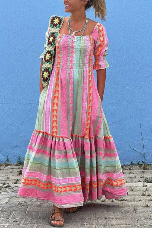 Guadalupe® | Boho gesmokte maxi-jurk met geometrisch kleurblokkenpatroon en zakken voor muziekfestivals