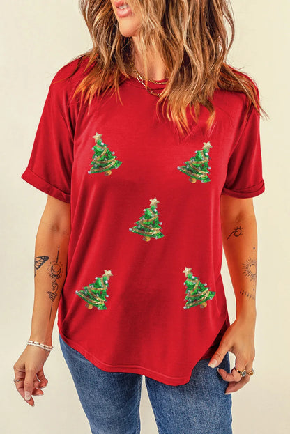 Lourdes® | Kerstboom-T-shirt met ronde hals en korte mouwen met pailletten