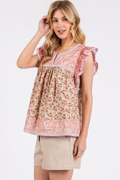 Yolanda® | Blouse met gebloemde ruches en kapmouwtjes