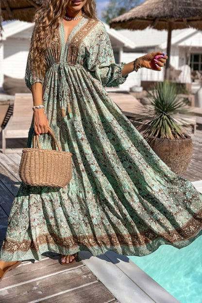 Ella® | Groene maxi-jurk met hoge taille, boho-bloemenprint en trekkoord aan de achterkant