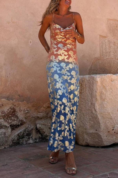 Xochitl® | Tie Dye Ombre gouden bloemenprint sexy maxi-jurk met bandjes