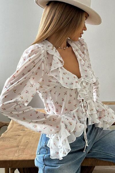 Lilia® | Blouse met ruches en bloemen en lange mouwen