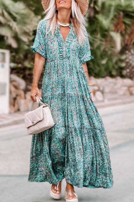 Camila® | Hemelsblauwe boho maxi-jurk met laagjes, paisleyprint en split-V-hals