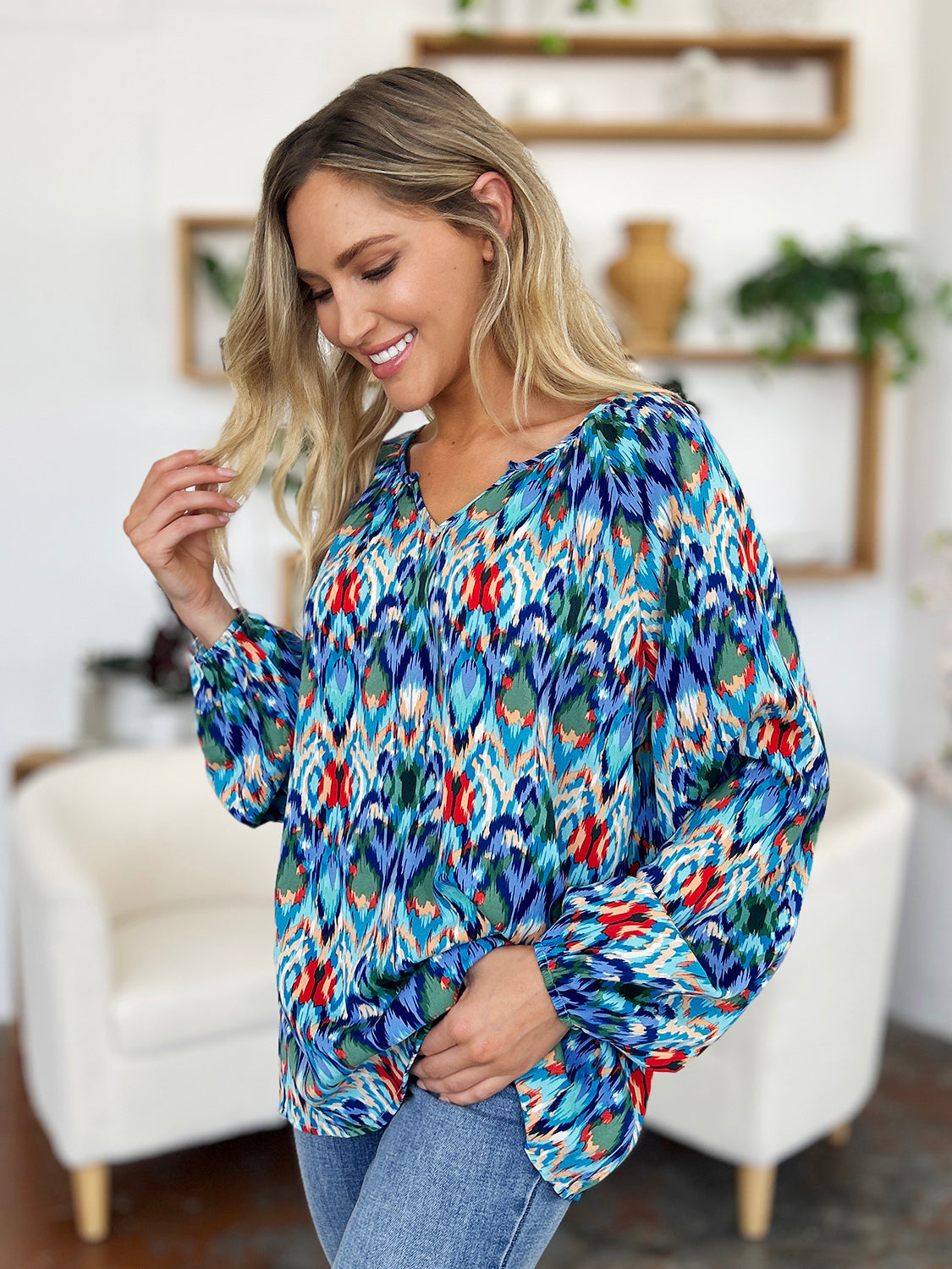 Rosario® | Full size blouse met ballonmouwen en print van Double Take