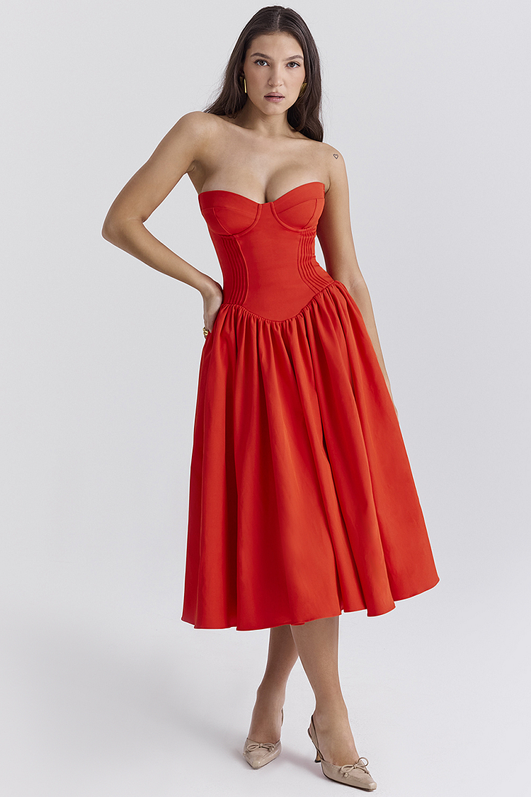 Lisa® | Strapless korset midi-jurk met geplooide zoom voor schoolbal en feest - rood