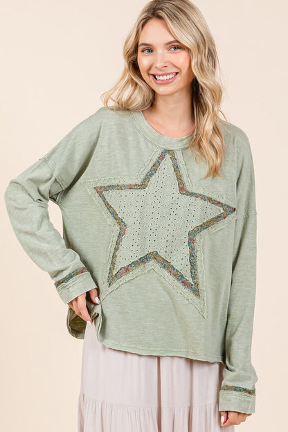 Francisca® | Mittoshop Mineral Wash Star Patch T-shirt met lange mouwen