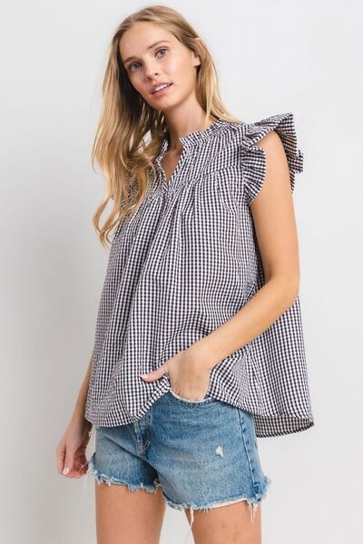 Bianca® | Geruite blouse met ingekerfde ruches en kapmouwtjes