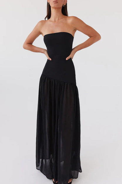 Lizzy® | Strapless semi-transparante maxi-jurk van patchworkchiffon