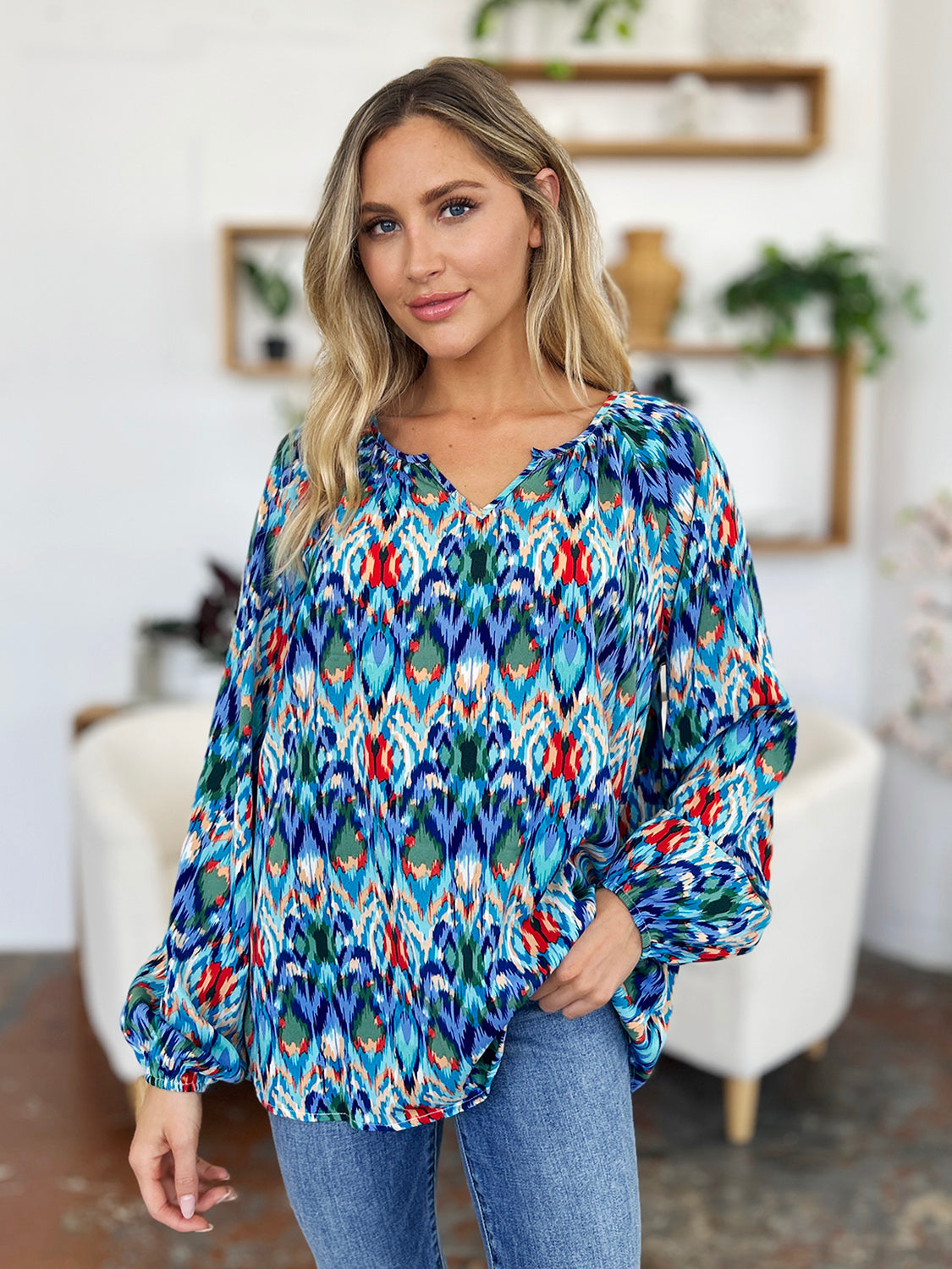 Rosario® | Full size blouse met ballonmouwen en print van Double Take