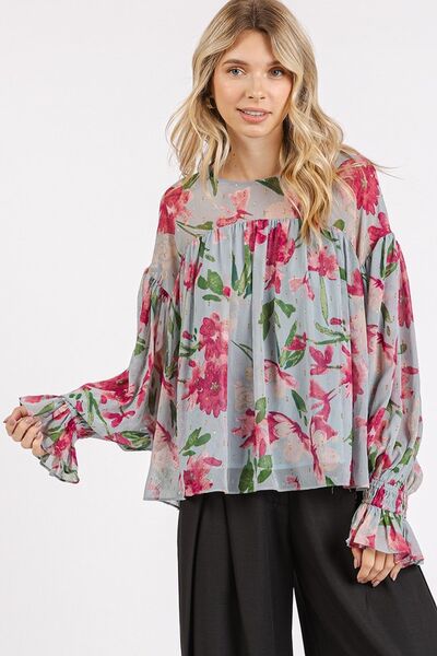 Cristina® | Gebloemde blouse met volantmouwen en een ronde halslijn