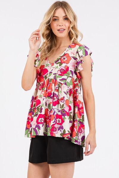 Magaly® | Gebloemde blouse met ruches, kapmouwen en V-hals