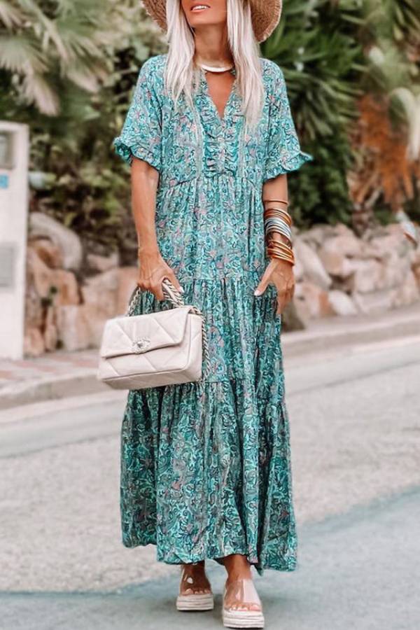 Camila® | Hemelsblauwe boho maxi-jurk met laagjes, paisleyprint en split-V-hals