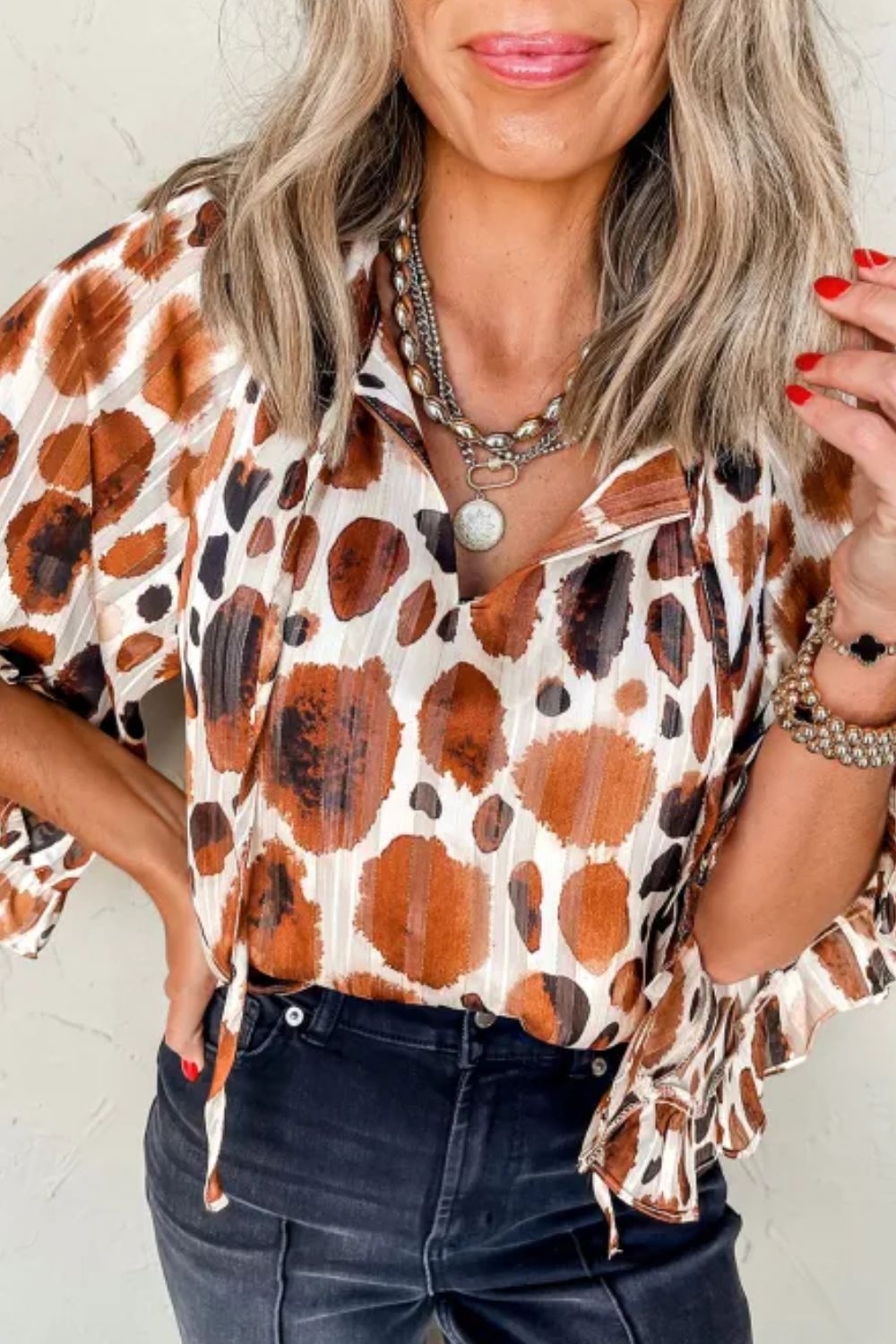 Karen® | Blouse met print, driekwart mouwen en strikkraag