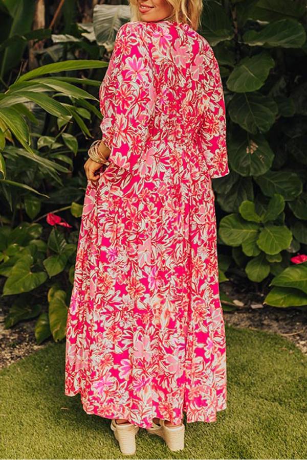 Valeria® | Rose Plus size maxi-jurk met boho bloemenprint, V-hals en volantmouwen