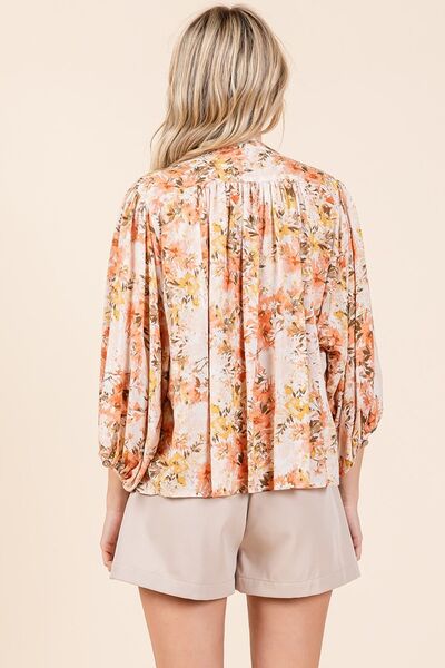 Edna® | Gebloemde blouse met vleermuismouwen en knoopsluiting