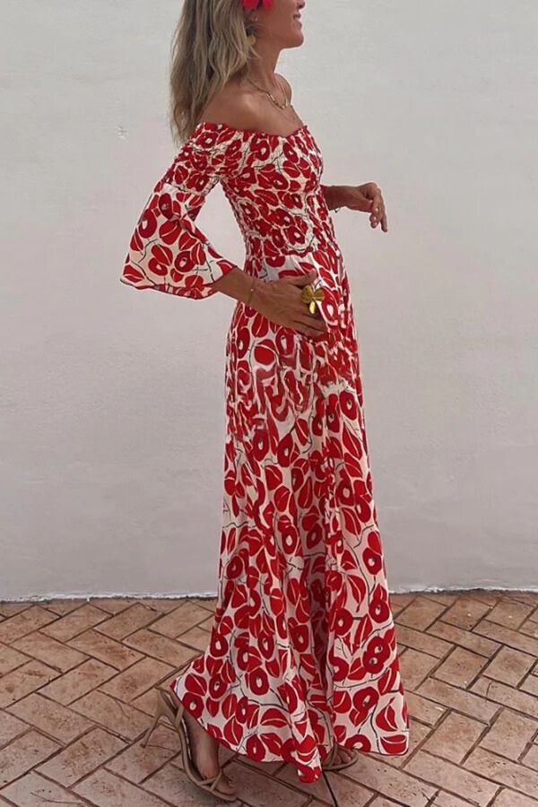 Paulina® | Close To The Vacation - Gesmokte off-shoulder maxi-jurk met zakken en bloemenprint