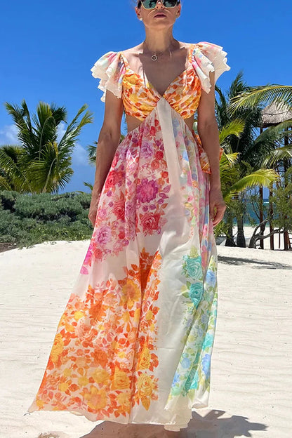 Noelia® | Blooming Beauty maxi-jurk met veelkleurige bloemen en ruches en gestrikte achterkant