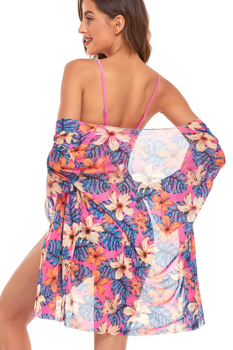 Dorotea® | Roze strandblouse en bikiniset met bloemenprint