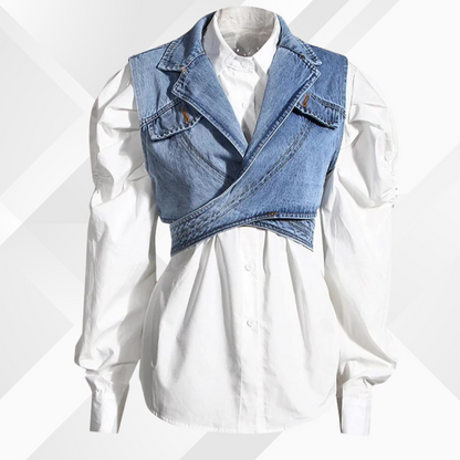 Inga® | Denim vest en blouse met pofmouwen