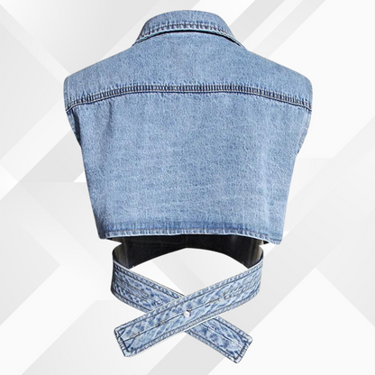 Inga® | Denim vest en blouse met pofmouwen