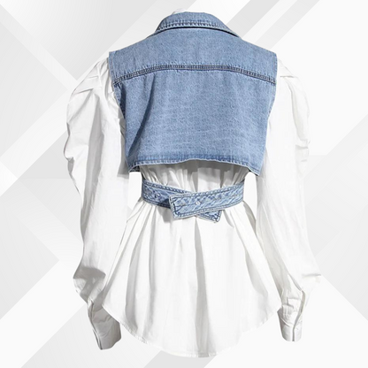 Inga® | Denim vest en blouse met pofmouwen