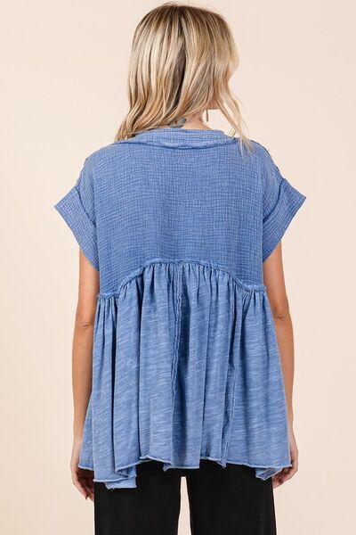 Erika® | Mixed media babydoll blouse met korte mouwen