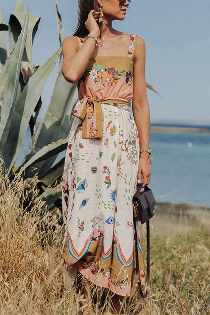 Yazmin® | Summer Vibes linnenmix midi-jurk met unieke print en gesmokte riem