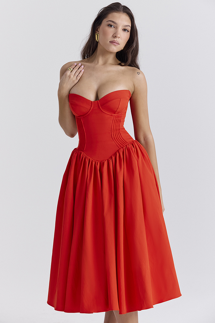 Lisa® | Strapless korset midi-jurk met geplooide zoom voor schoolbal en feest - rood