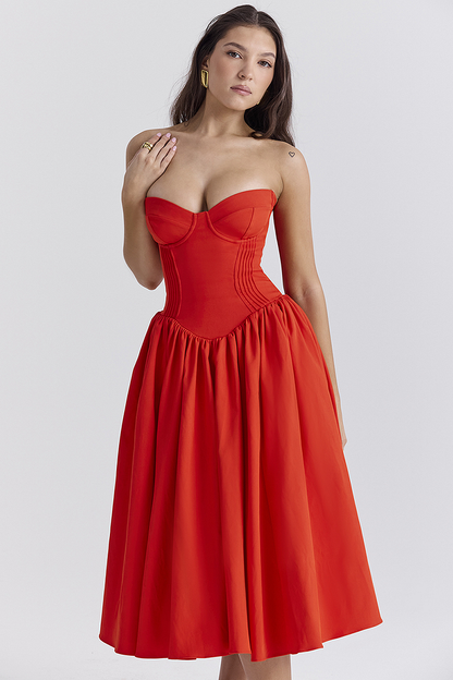 Lisa® | Strapless korset midi-jurk met geplooide zoom voor schoolbal en feest - rood