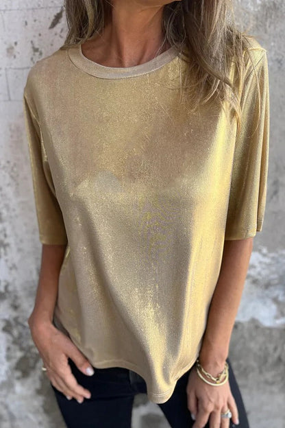 Lina® | Losvallend, effen metallic T-shirt met ronde hals en korte mouwen