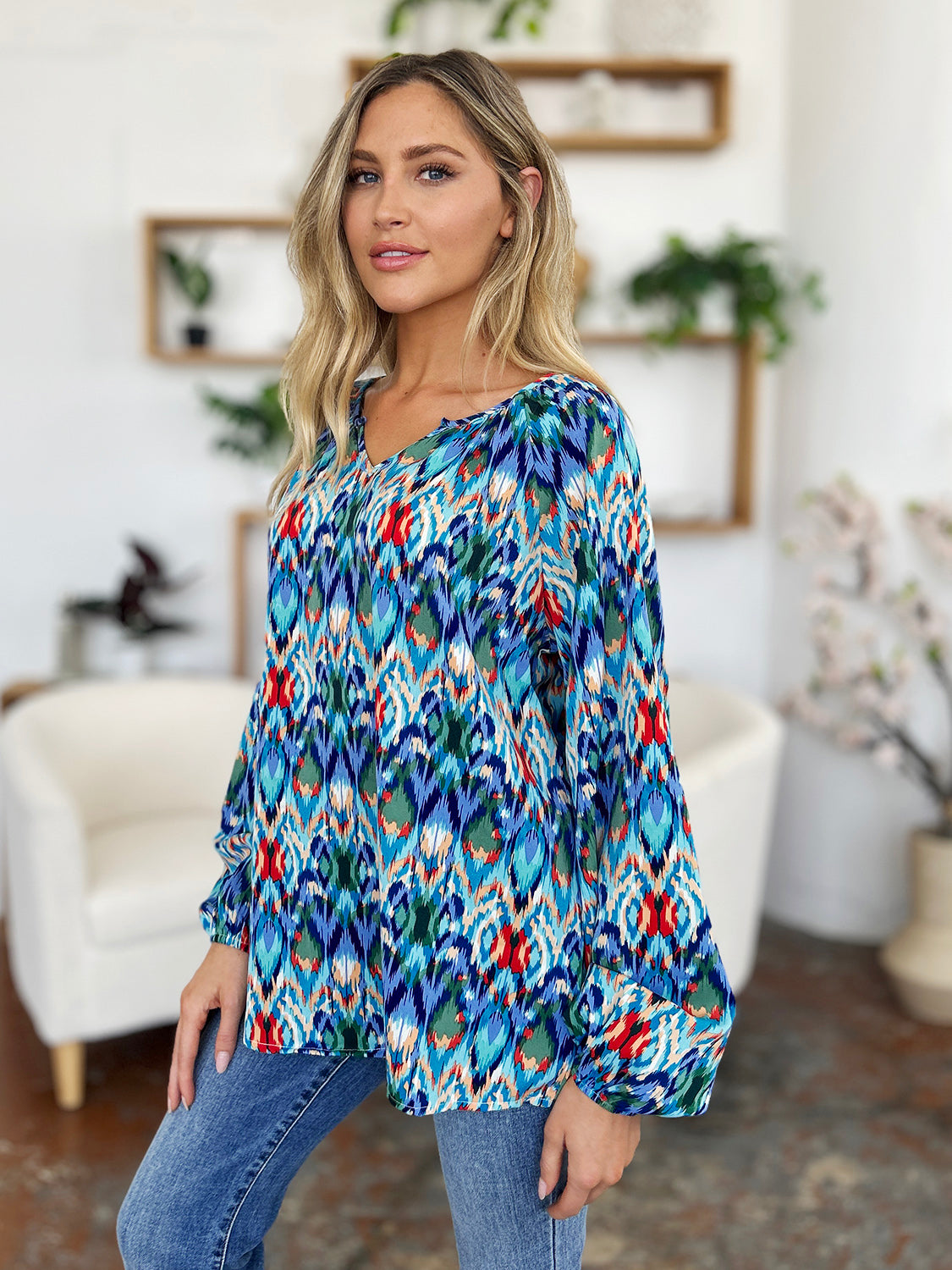 Rosario® | Full size blouse met ballonmouwen en print van Double Take