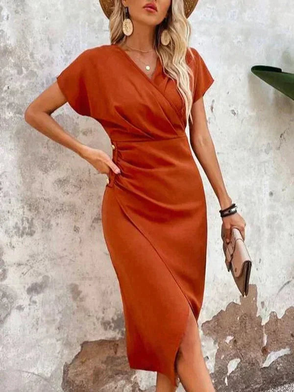 Patricia® | Oranje midi-jurk met V-hals en split