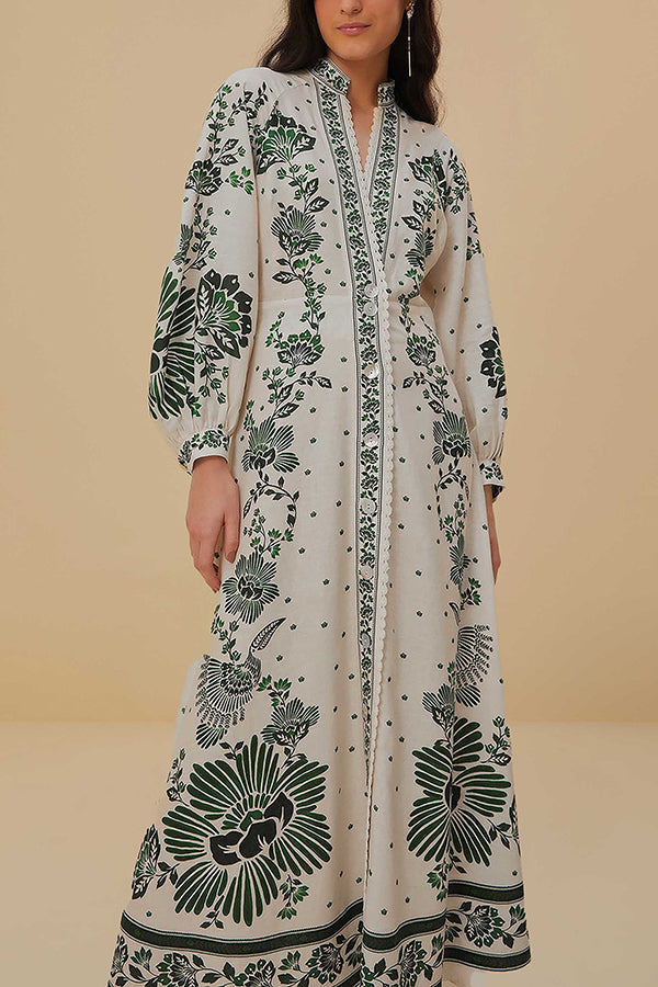 Vesta® | Unieke maxi-jurk met knoopsluiting en lange mouwen met print