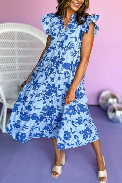 Julia® | Hemelsblauwe maxi-jurk met bloemenprint en gelaagde fladdermouwen