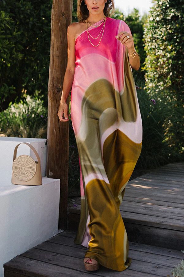 Melisa® | Summertime Favorites tie-dye satijnen maxi-jurk met gedrapeerd schouderdetail