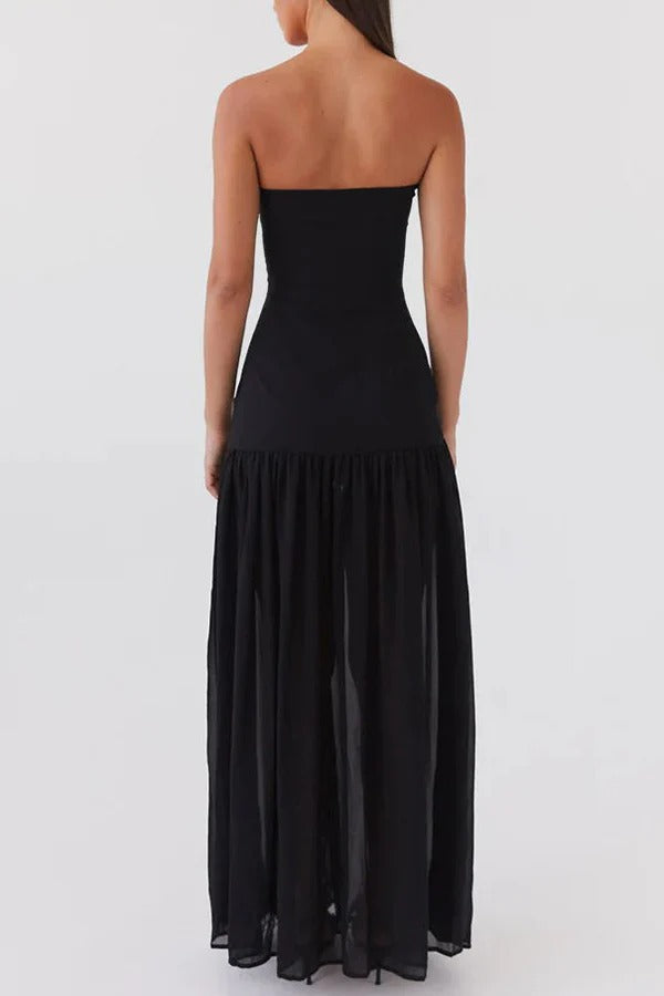 Lizzy® | Strapless semi-transparante maxi-jurk van patchworkchiffon