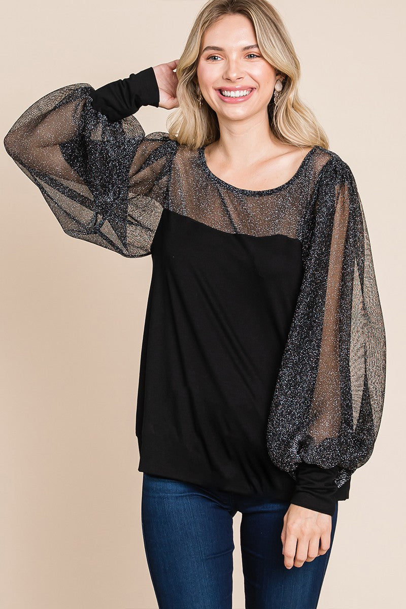 Catalina® | Super lady full-size blouse met metallic mesh en lantaarnmouwen