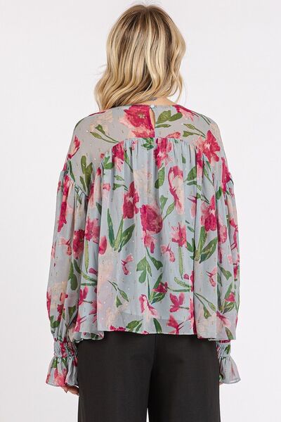 Cristina® | Gebloemde blouse met volantmouwen en een ronde halslijn