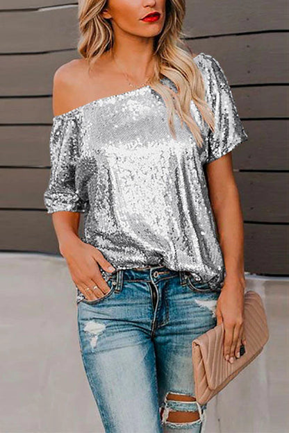 Helena® | Off-shoulder T-shirt met korte mouwen en pailletten