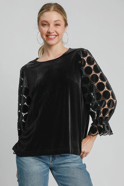 Silvia® | Blouse met lange mouwen, gestippeld kant en ronde halslijn