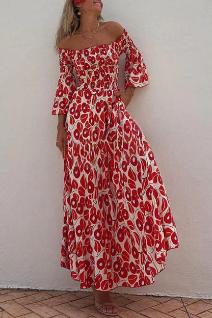 Paulina® | Close To The Vacation - Gesmokte off-shoulder maxi-jurk met zakken en bloemenprint