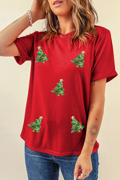 Lourdes® | Kerstboom-T-shirt met ronde hals en korte mouwen met pailletten