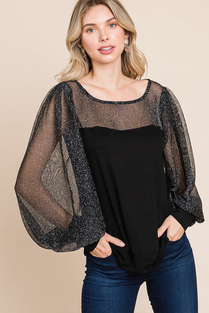 Catalina® | Super lady full-size blouse met metallic mesh en lantaarnmouwen