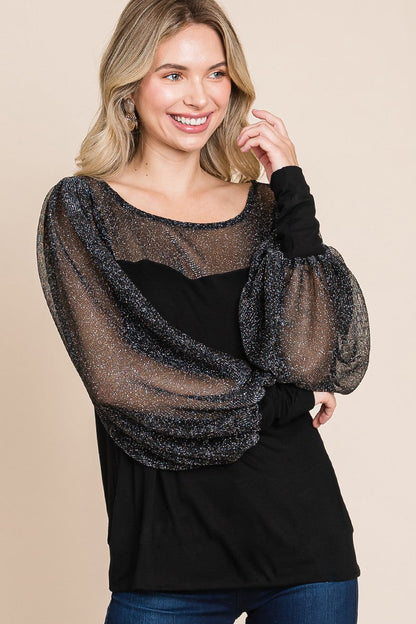 Catalina® | Super lady full-size blouse met metallic mesh en lantaarnmouwen