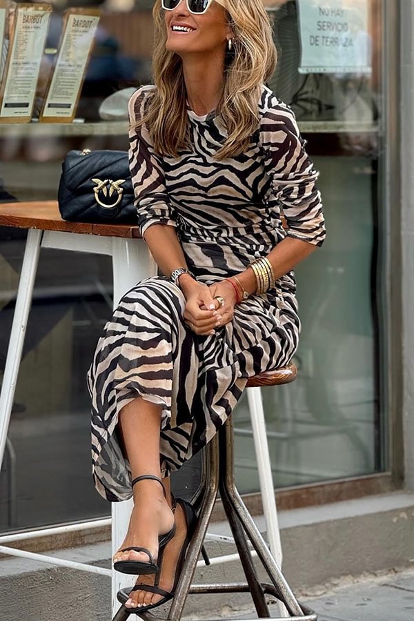 Haydee® | Natural Beauty maxi-jurk van rekbare mesh met zebraprint en ruches