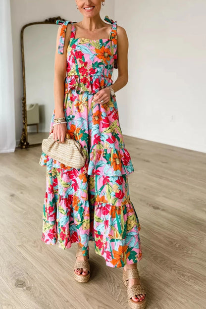 Iliana® | Veelkleurige gelaagde maxi-jurk met boho-bloemenprint, knoopbandjes en ruches