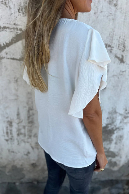 Sonia® | Witte effen blouse met V-hals en korte mouwen met ruches