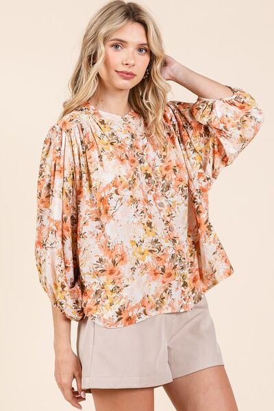 Edna® | Gebloemde blouse met vleermuismouwen en knoopsluiting